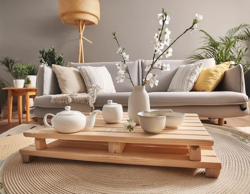 Harmonický obývací pokoj ve stylu feng shui se světlou sedačkou a dřevěným stolkem