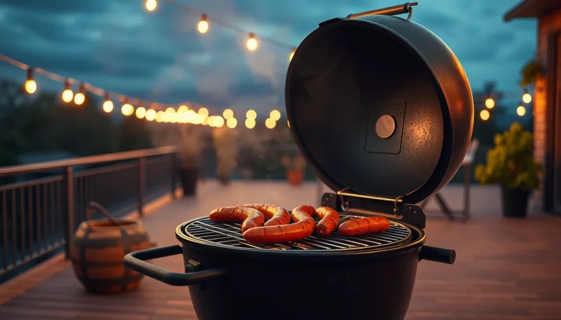 Grilování klobás na zahradním grilu na dřevěné uhlí